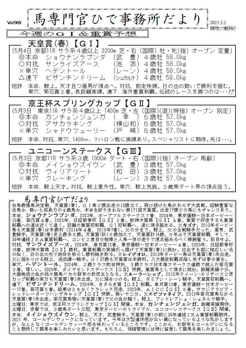馬専門官ひで事務所だより(予想版)